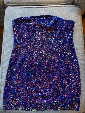 NWT Nasty Gal Royal Blue Strapless Sequin Mini Dress Multicolor Iridescent US 14